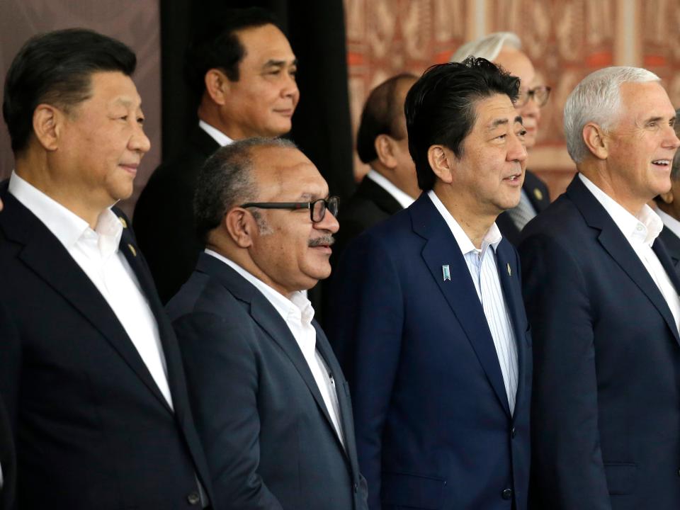 Left to right: Chinese President Xi Jinping, Papua New Guinea's then-Prime Minister Peter O'Neill, Japanese Prime Minister Shinzo Abe, and then-U.S. Vice President Mike Pence on Nov. 18, 2018.