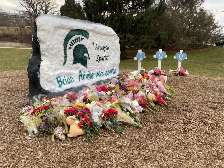The Rock at Michigan State University shares the message, "Always a Spartan" with the names of the three students killed in the campus shooting. (Feb. 15, 2023)