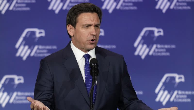 Republican presidential candidate Florida Gov. Ron DeSantis speaks at an annual leadership meeting of the Republican Jewish Coalition on Saturday, Oct. 28, 2023, in Las Vegas.