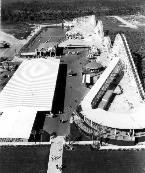 An aerial view of Miracle Strip Amusement Park in May 1966, with the Starliner roller coaster as the main attraction.