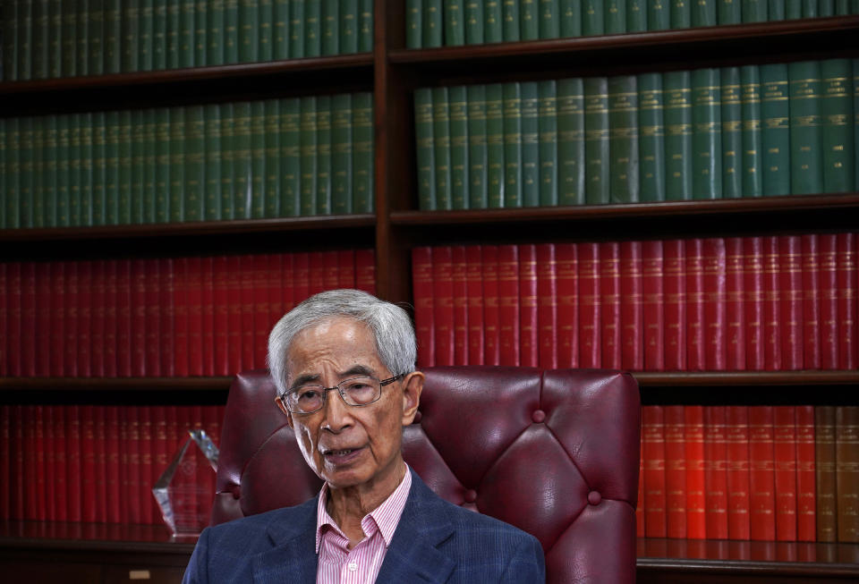 Pro-democracy lawyer Martin Lee listens to reporters questions during an interview in Hong Kong, Friday, June 19, 2020. Prominent pro-democracy activist Martin Lee said Friday that Beijing was trying to wrest control of Hong Kong with the impending national security law, and urged people to protest peacefully without violence. (AP Photo/Vincent Yu)