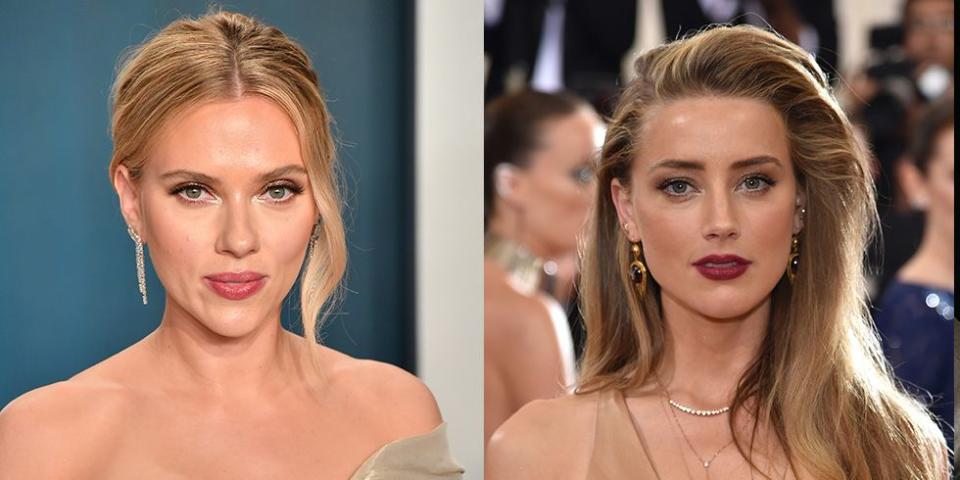 <p>From their blonde hair to their upturned green eyes and high cheek bones, Scarlett Johansson and Amber Heard will make you do a double take. </p>