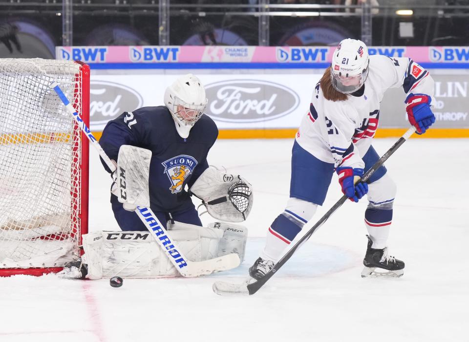 Finland goaltender Kerttu Kuja-Halkkola makes the save against Team USA’s Morgan McGathey (Braintree/Thayer Academy) during the semifinals of the 2024 IIHF Ice Hockey U18 Women's World Championship at Arena Zug on Jan. 13, 2024 in Zug, Switzerland.