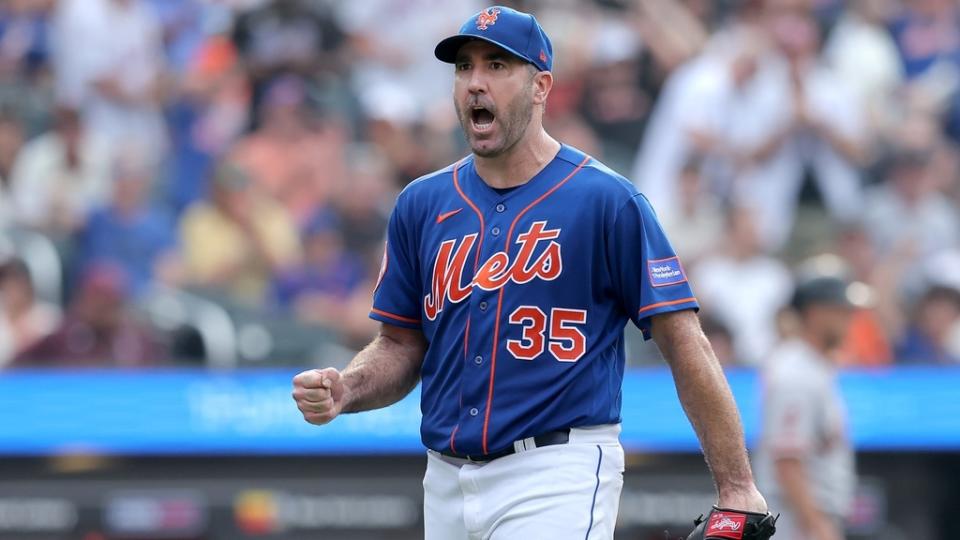 Jul 1, 2023; New York City, New York, USA; New York Mets starting pitcher Justin Verlander (35) reacts during the seventh inning against the San Francisco Giants at Citi Field.