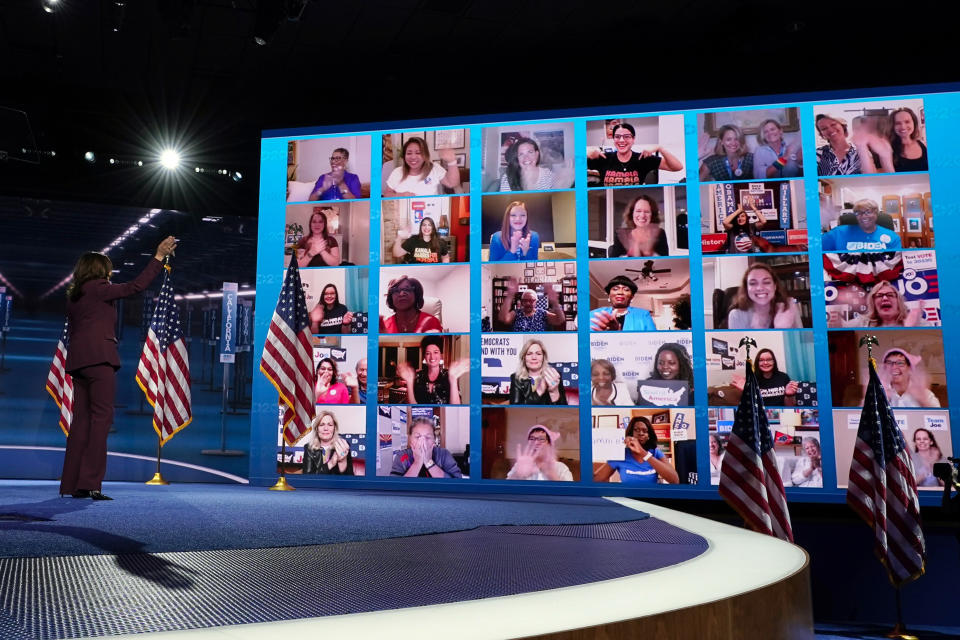 Democratic vice presidential candidate Sen. Kamala Harris, D-Calif., waves to supporters on a video monitor after she spoke during the third day of the Democratic National Convention, Wednesday, Aug. 19, 2020, at the Chase Center in Wilmington, Del. (AP Photo/Carolyn Kaster)