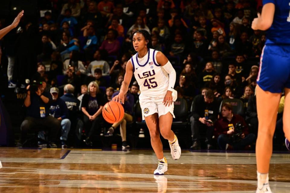 LSU senior point guard Alexis Morris (45) brings the ball up the floor against Houston Christian inside the Pete Maravich Assembly Center Wednesday Nov. 16, 2022.
