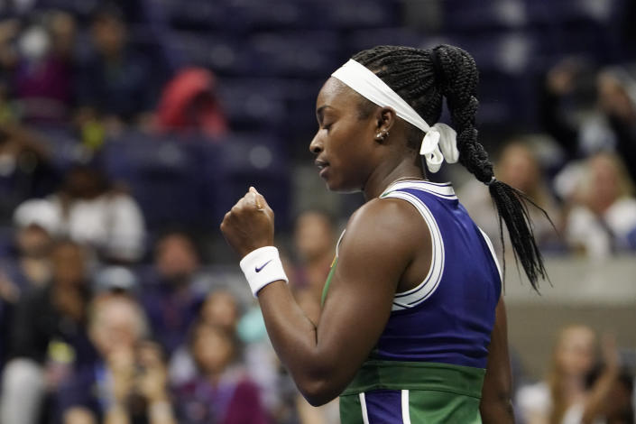 Sloane Stephens, of the United States, reacts to winning a point against Coco Gauff, of the United States, during the second round of the US Open tennis championships, Wednesday, Sept. 1, 2021, in New York. (AP Photo/John Minchillo)