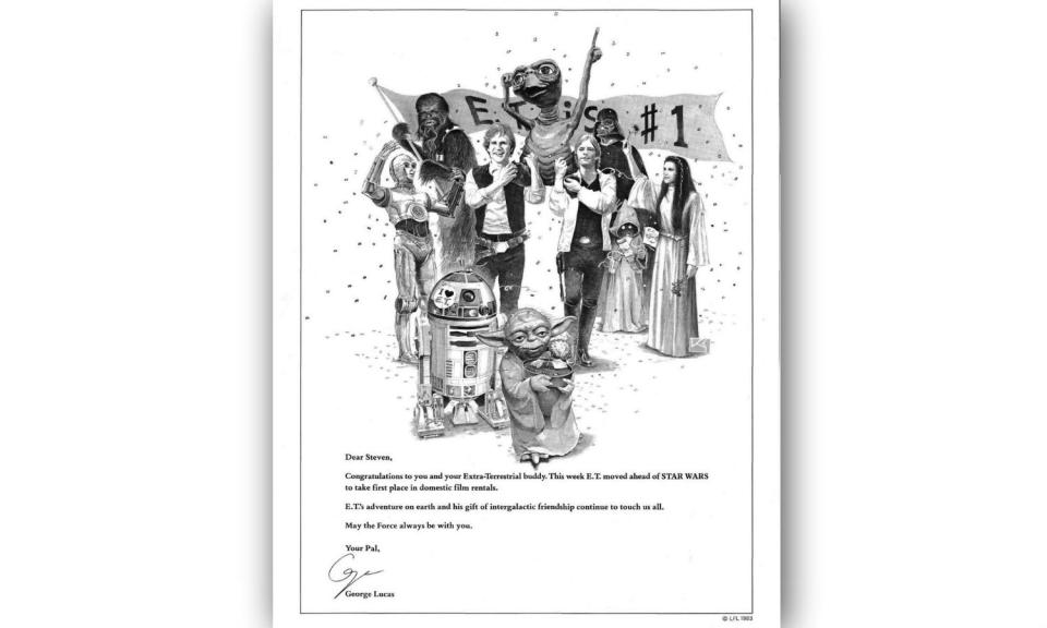 <p>“Congratulations to you and your Extra-Terrestrial buddy. This week <em>E.T</em>. moved ahead of <em>Star Wars</em> to take first place in domestic film rentals. E.T.’s adventures on earth and his gift of intergalactic friendship continue to touch us all. May the Force always be with you.” </p>