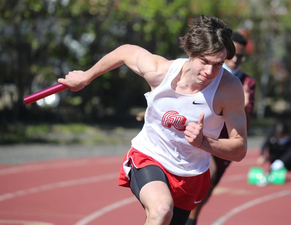 Alex Kislenko of Fair Lawn in the 4x100 relays, part of the Comet Relays at Hackensack  on May 1,2021.