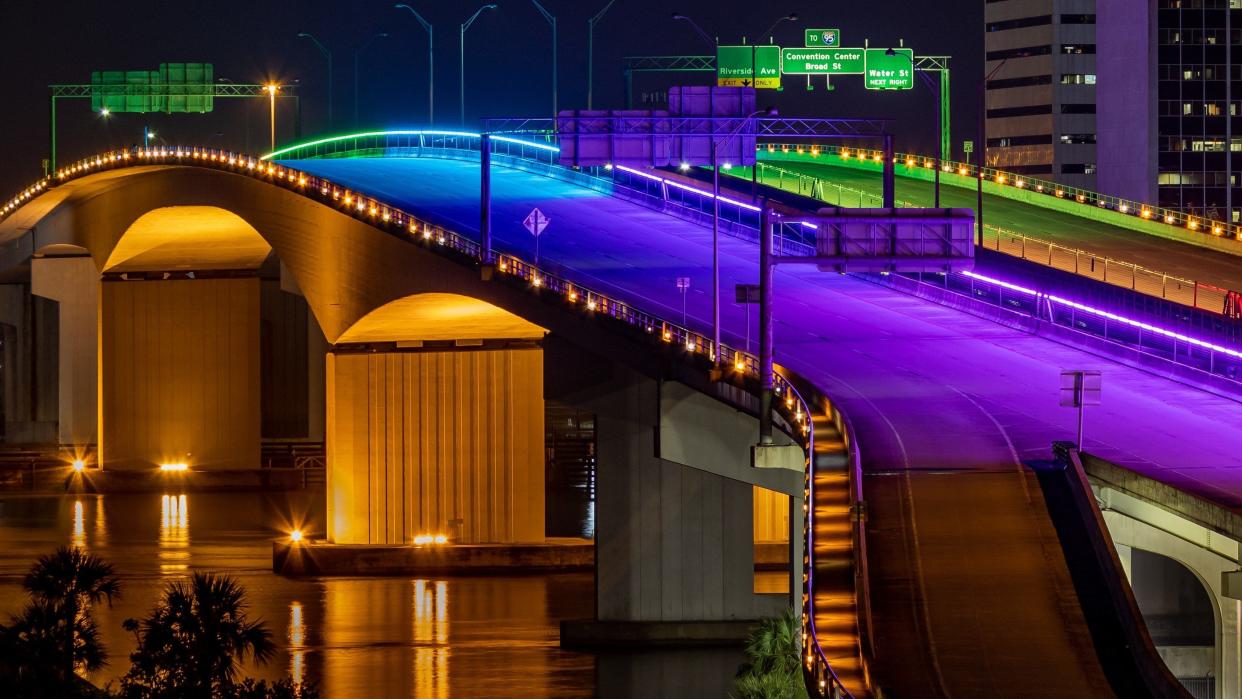 A close-up of the rainbow lighting on the JTA's Acosta Bridge to honor Pride Month.