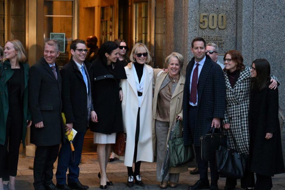 E. Jean Carroll, in a white coat, leaves federal court after the verdict in her defamation case against former President Donald Trump in New York on Jan. 26, 2024. / Credit: ANGELA WEISS/AFP via Getty Images