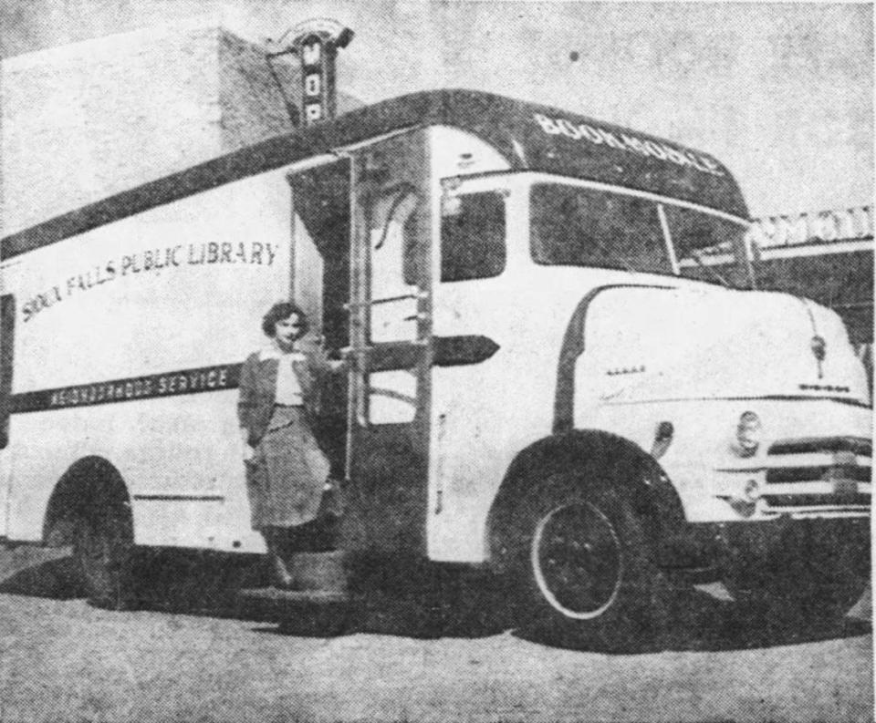 Pauline Streimer and the Sioux Falls' first Bookmobile in 1951