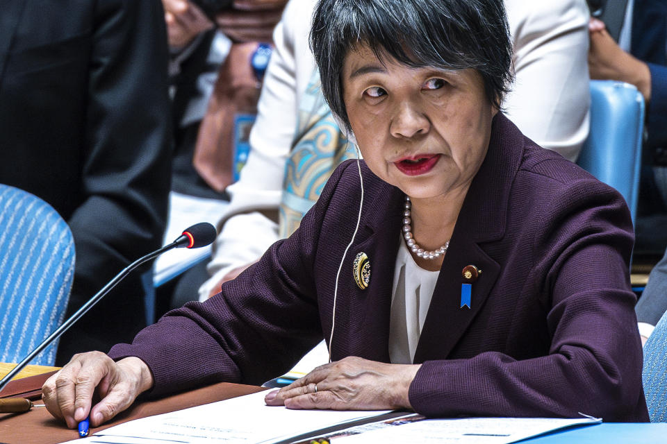 Japanese Foreign Minister Yoko Kamikawa addresses a meeting of the United Nations Security Council on maintenance of international peace and security, nuclear disarmament and non-proliferation, Monday, March 18, 2024, at U.N. headquarters. (AP Photo/Eduardo Munoz Alvarez)