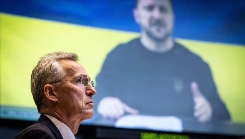 Volodymyr Zelenskyy, President of Ukraine  participates vitually in the meeting of the NATO-Ukraine Council at the level of Allied Defence Ministers chaired by NATO Secretary General Jens Stoltenberg. -/NATO/dpa