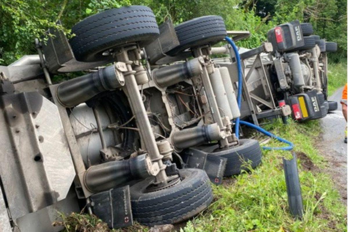 A milk tanker overturned on the B4314 near Narberth. <i>(Image: MAWWFRS)</i>