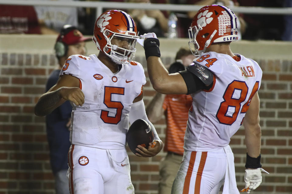 Clemson quarterback DJ Uiagalelei (5) is leading a much-improved offense for the Tigers as they head into a big matchup against fellow unbeaten Syracuse. (AP Photo/Phil Sears)