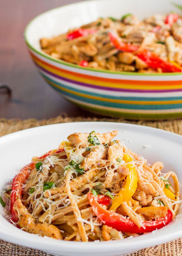 <p>Literally planning to eat the entire plate. And given that it's 350 calories a serving, you <em>totally</em> can.</p><p>Get the recipe from <a rel="nofollow noopener" href="http://www.jocooks.com/healthy-eating/healthy-cajun-chicken-linguine/" target="_blank" data-ylk="slk:Jo Cooks;elm:context_link;itc:0;sec:content-canvas" class="link ">Jo Cooks</a>.</p>