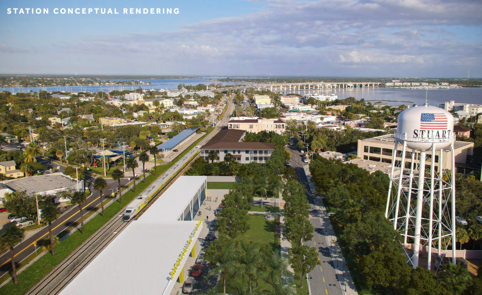 A conceptual rendering of the downtown Brightline-Stuart station (lower left) on Southeast Flagler Avenue at Southeast Stypmann Boulevard.