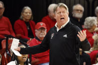 North Carolina State head coach Wes Moore reacts to a call from the sideline against Duke during the first half of an NCAA college basketball game, Sunday, Jan. 21, 2024, in Raleigh, N.C. (AP Photo/Karl B. DeBlaker)
