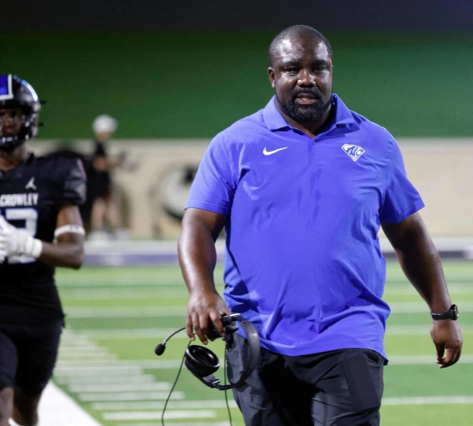 North Crowley head coach Ray Gates walks the sidelines in the first half of a UIL high school football game at Crowley ISD Multi-Purpose Stadium in Crowley, Texas, Friday, Sept. 22, 2023.