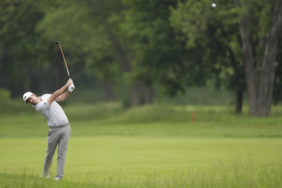 Nick Taylor, of Canada, plays a shot from the fairway on the 18th hole during the final round of the Canadian Open golf tournament in Toronto, Sunday, June 11, 2023. (Nathan Denette/The Canadian Press via AP)