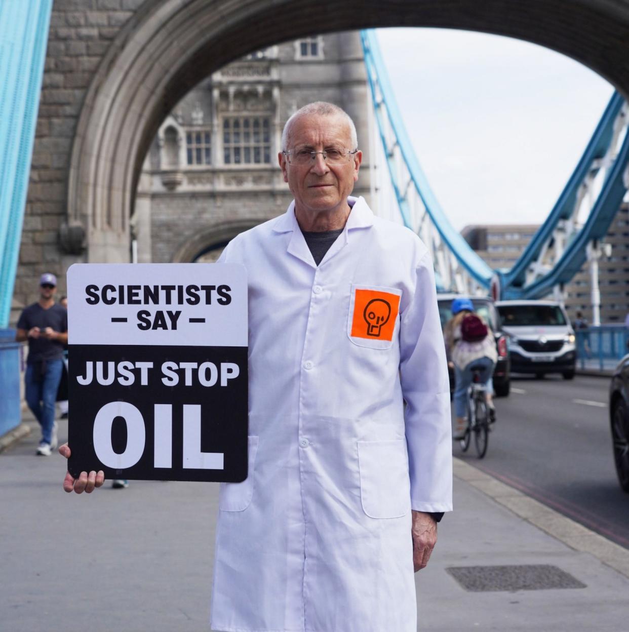 Tristram Wyatt, from Oxford University, participating at a Just Stop Oil protest on Tower Bridge