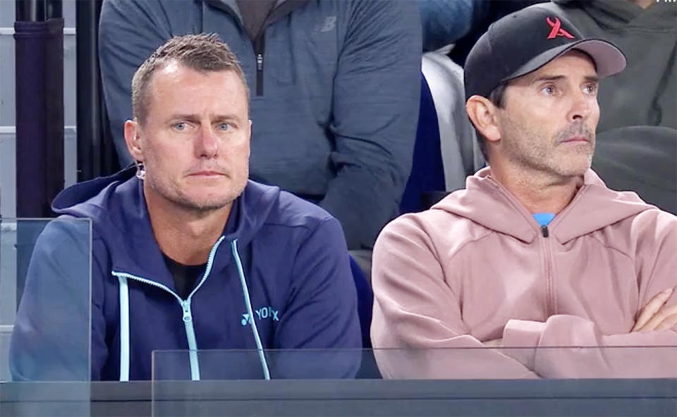 Lleyton Hewitt and Adolfo Gutierrez in Alex de Minaur's box. Image: Channel 9