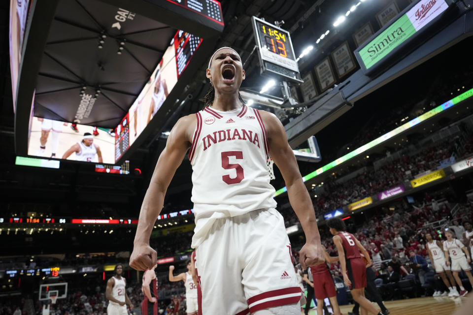 Indiana forward Malik Reneau (5) reacts after being fouled while playing Harvard in the second half of an NCAA college basketball game in Indianapolis, Sunday, Nov. 26, 2023. (AP Photo/AJ Mast)