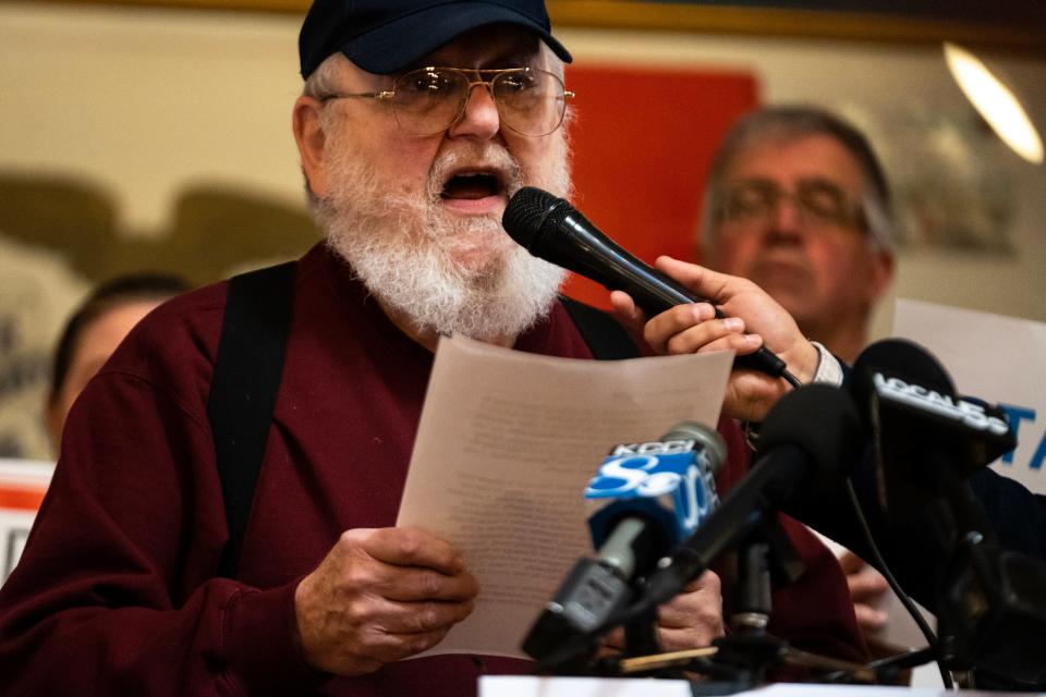 Ken Peterson, of Des Moines, advocates for the Supplemental Nutrition Assistance Program during a news conference on Tuesday, April 18, 2023, in the rotunda of the Iowa State Capitol, in Des Moines. Peterson receives assistance from the program. 