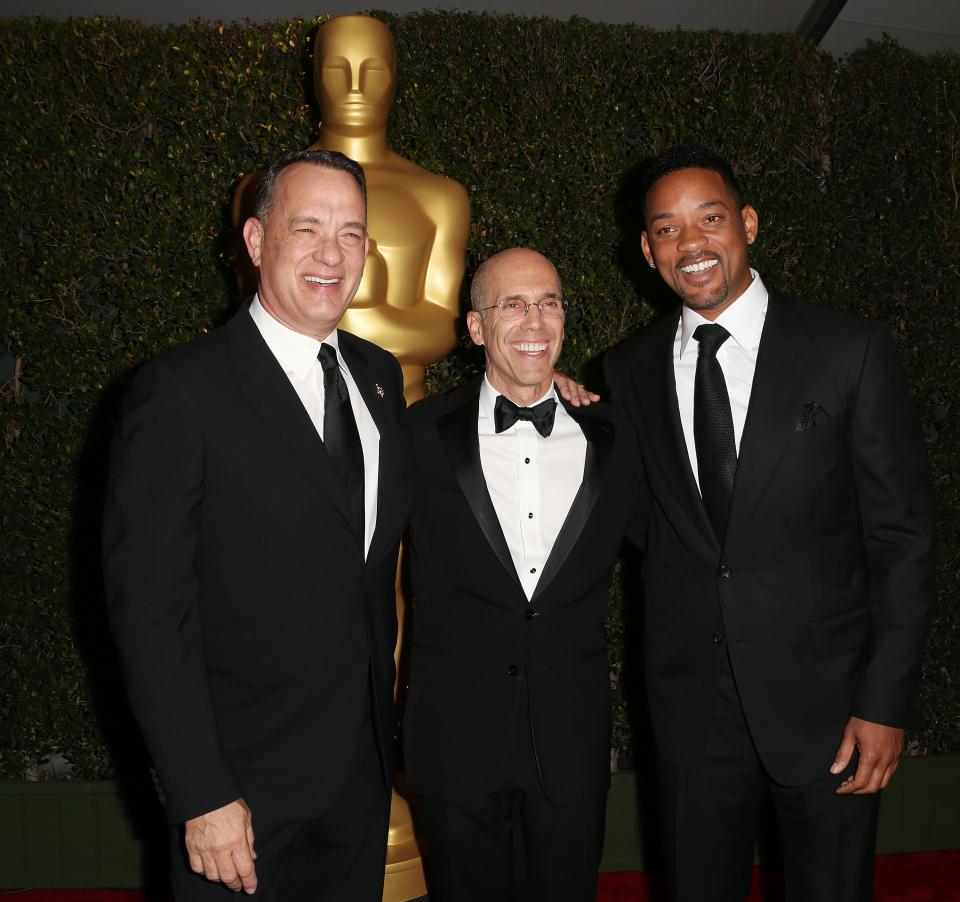 HOLLYWOOD, CA - DECEMBER 01: (L-R) Actor Tom Hanks, producer Jeffrey Katzenberg and actor Will Smith attend the Academy Of Motion Picture Arts And Sciences' 4th Annual Governors Awards at Hollywood and Highland on December 1, 2012 in Hollywood, California. (Photo by Frederick M. Brown/Getty Images)