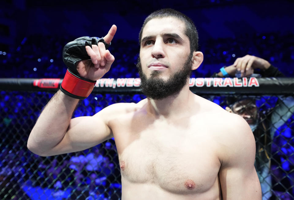 PERTH, AUSTRALIA - FEBRUARY 12: Islam Makhachev of Russia prepares to fight Alexander Volkanovski of Australia in the UFC lightweight championship fight during the UFC 284 event at RAC Arena on February 12, 2023 in Perth, Australia. (Photo by Chris Unger/Zuffa LLC via Getty Images)