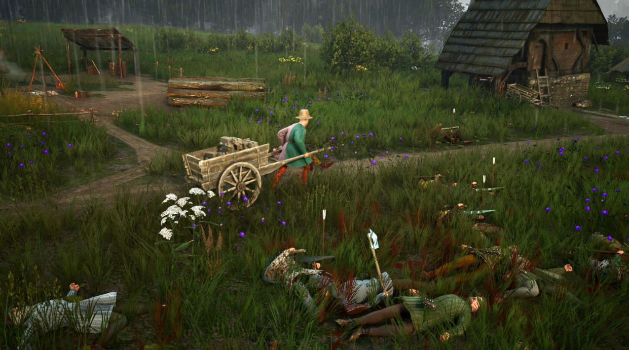  A man pulling a cart surrounded by corpses. 