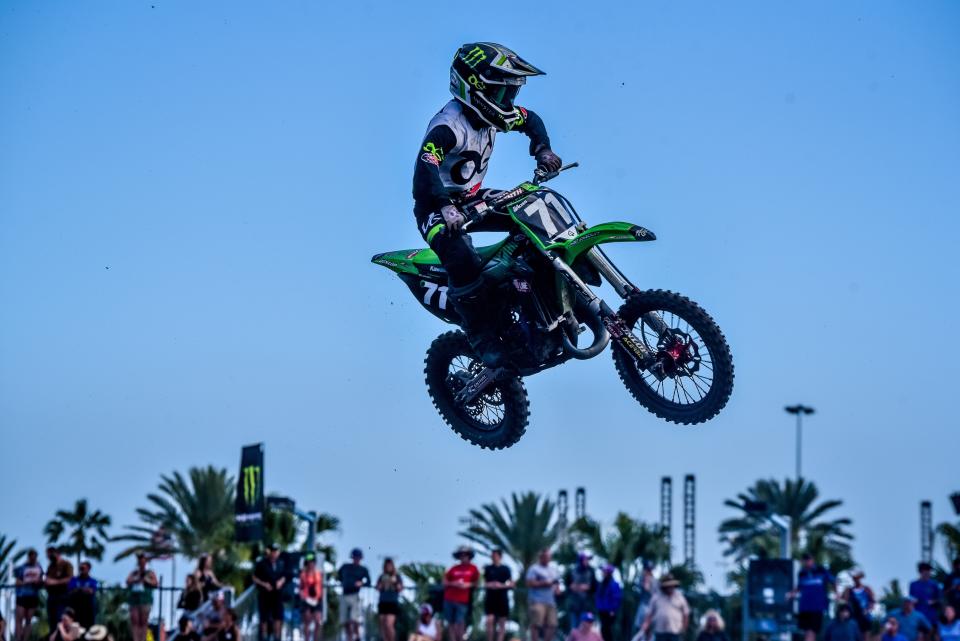 River Valley sixth grader Ely Gross makes a jump during a motocross event.