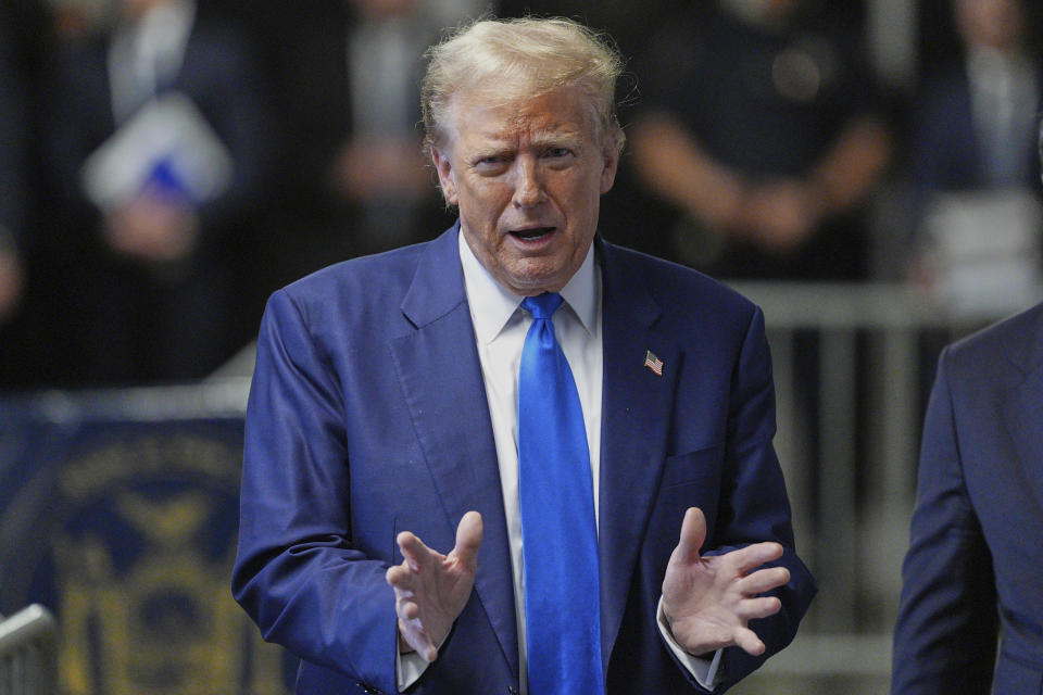 Former President Donald Trump speaks to media as he returns to his trial at the Manhattan Criminal Court, Friday, May 3, 2024, in New York. (Curtis Means/Pool Photo via AP)
