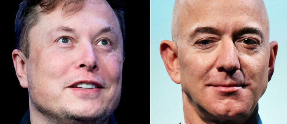 Elon Musk (&#xe0; gauche) et Jeff Bezos (&#xe0; droite), deux des hommes les plus riches du monde&#xa0;(photo d&#39;illustration).
