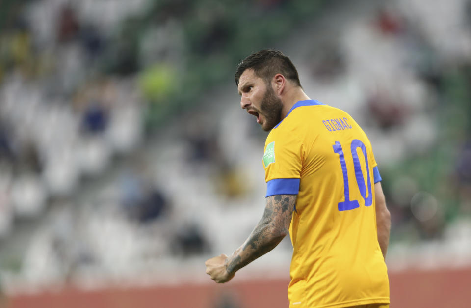 Andre Pierre Cignac of Tigres UANL celebrates during FIFA Club World Cup semi final against Brazil's Palmeiras in Al Rayyan, Qatar, Sunday. Feb. 7, 2021. (AP Photo/Hussein Sayed)