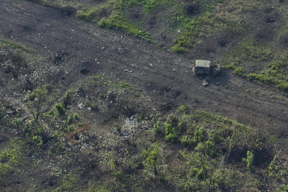 An aerial view near Bakhmut, the site of fierce battles with the Russian forces in the Donetsk region, Ukraine, Sunday, Sept. 3, 2023. (AP Photo/Libkos)