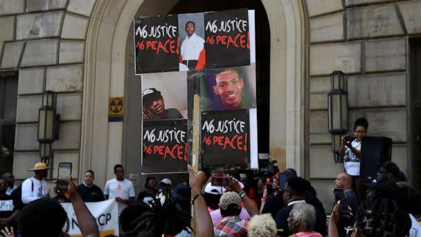 PHOTO: Demonstrators protest against the Akron police shooting death of Jayland Walker in Akron, Ohio, July 3, 2022. (Gaelen Morse/Reuters)
