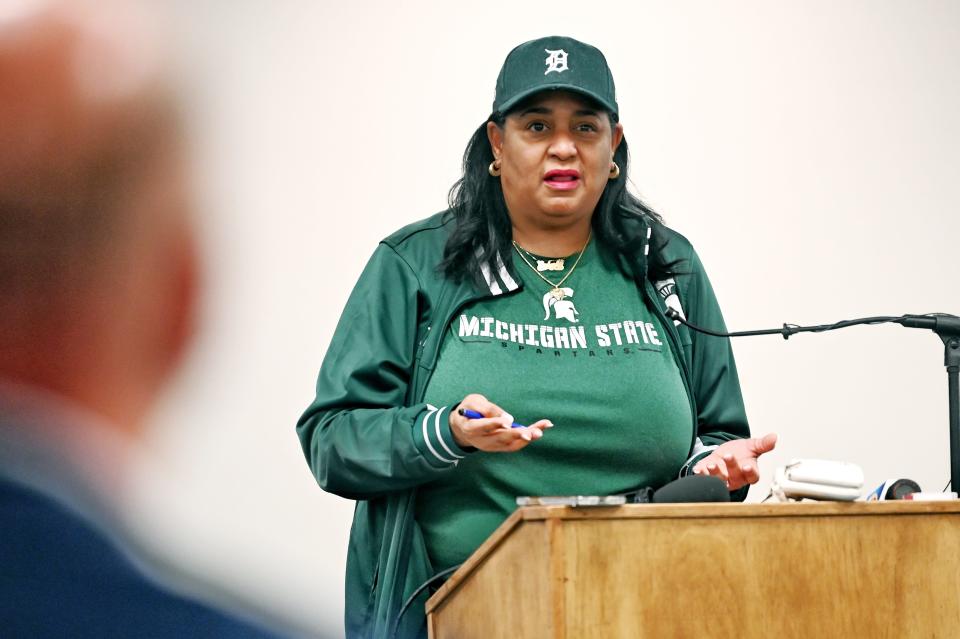 Kimberly Henderson speaks during the East Lansing Police Oversight Commission meeting on Monday, May 9, 2022, at the Hannah Community Center in East Lansing.