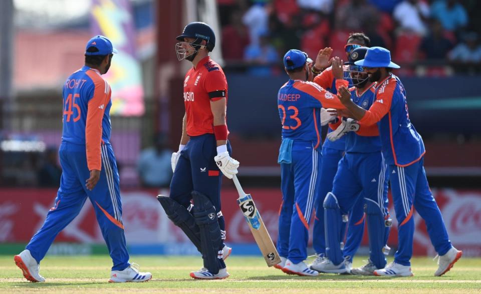 Liam Livingstone of England walks off as India celebrate (Getty Images)