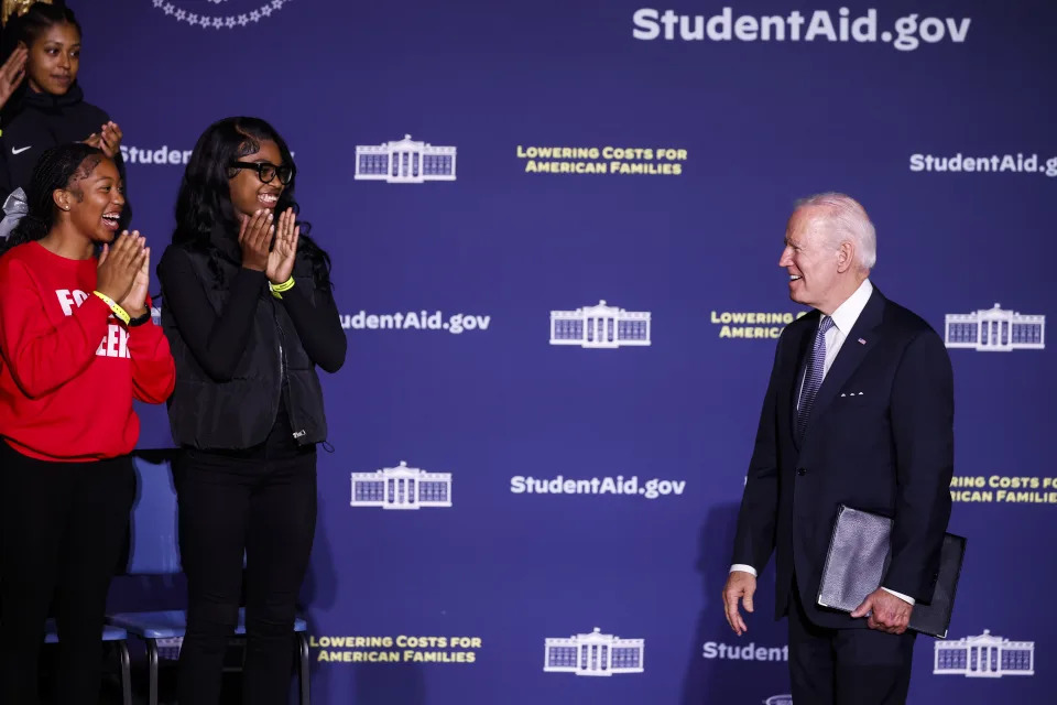 DOVER, DELAWARE - OCTOBER 21: U.S. President Joe Biden arrives to give remarks on student debt relief at Delaware State University on October 21, 2022 in Dover, Delaware. Yesterday a federal judge ruled that six states trying to block President's student loan forgiveness program lacked standing. (Photo by Anna Moneymaker/Getty Images)