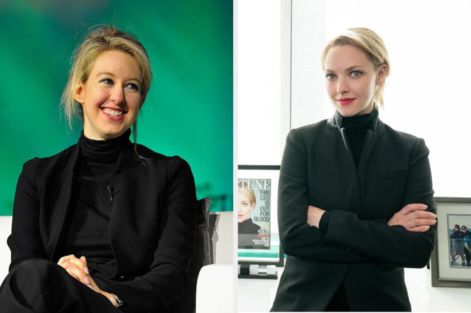 Elizabeth Holmes next to Seyfried as Elizabeth Holmes