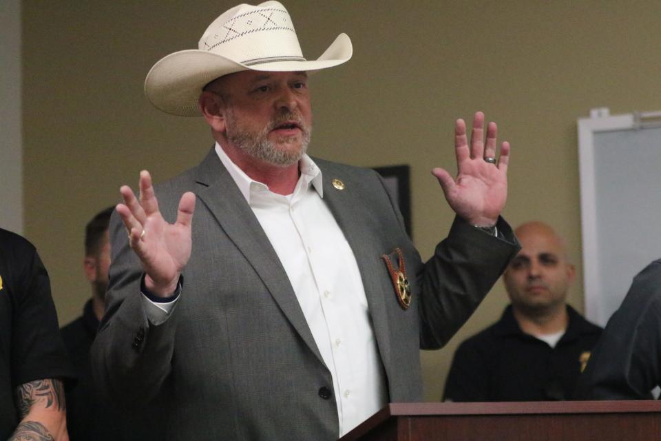 Eddy County Sheriff Mark Cage vows to continue pursuing drug traffickers during a press conference, Aug. 3, 2023 at the Eddy County Sheriff's Office.