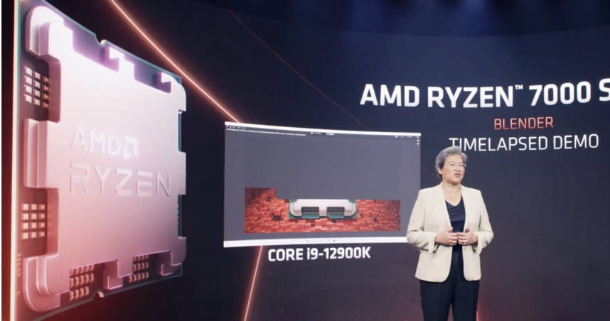 AMD董事長兼執行長蘇姿丰在COMPUTEX 2022，發表最新Zen 4架構Ryzen 7000處理器，相比INTEL的12代處理器效能提升不少。（圖／翻攝自AMD直播）