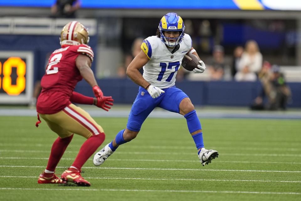 Los Angeles Rams wide receiver Puka Nacua carries the ball during game San Francisco 49ers Sunday, Sept. 17, 2023, in Inglewood, Calif. | Gregory Bull, Associated Press