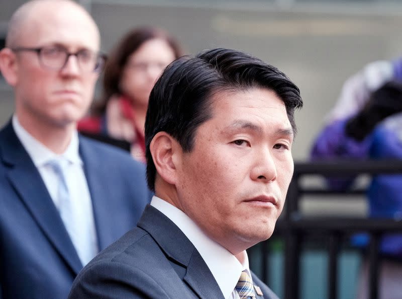 FILE PHOTO: U.S. Attorney Robert Hur reacts during a news conference, in Baltimore