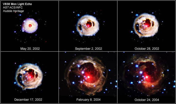 This image shows the amazing V838 Monocerotis outburst of 2002 in stages. Scientists think it was caused by a "common-envelope event." Image released Jan. 24, 2013.