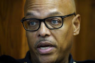 Waterloo Police Chief Joel Fitzgerald speaks during an interview with The Associated Press, Tuesday, Sept. 7, 2021, in Waterloo, Iowa. Fitzgerald, the first Black police chief in Waterloo, is facing intense opposition from some current and former officers as he works with city leaders to reform the department, including the removal of its longtime insignia that resembles a Ku Klux Klan dragon. (AP Photo/Charlie Neibergall)