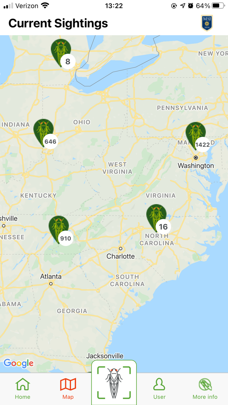 More than 1,400 Brood X cicadas have been spotted near Washington, D.C. as of May 6, 2021, compared to just over 900 on the North Carolina-Tennessee border.