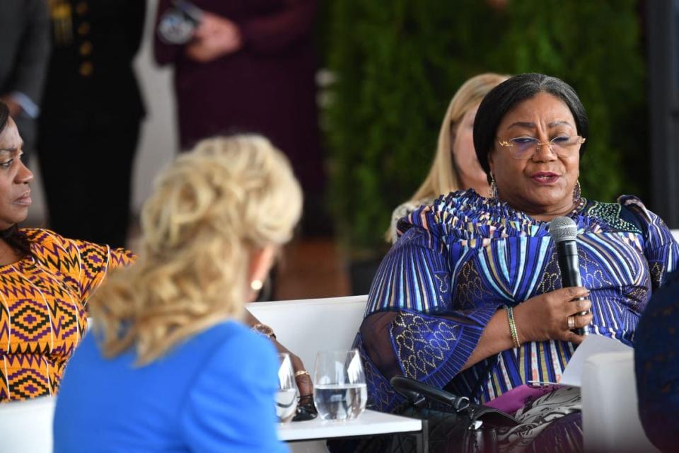 First Lady of the Republic of Ghana, Rebecca Akufo-addo, with US First Lady Jill Biden (L), speaks at a spousal program as part of the US-Africa Leaders’ Summit at the REACH at the Kennedy Center for Performing Arts in Washington, DC on December 14, 2022. – The First Lady will convene over 20 spouses for a conversation on breaking down barriers to cancer prevention, early detection, and care for young women and girls around the world. (Photo by Nicholas Kamm / AFP) (Photo by NICHOLAS KAMM/AFP via Getty Images)